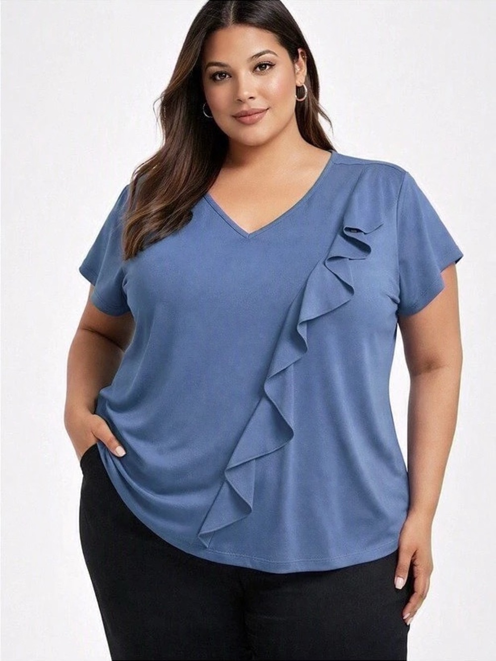 Claire France V-Neck Ruffle Tunic in Blue Size 2X Like New